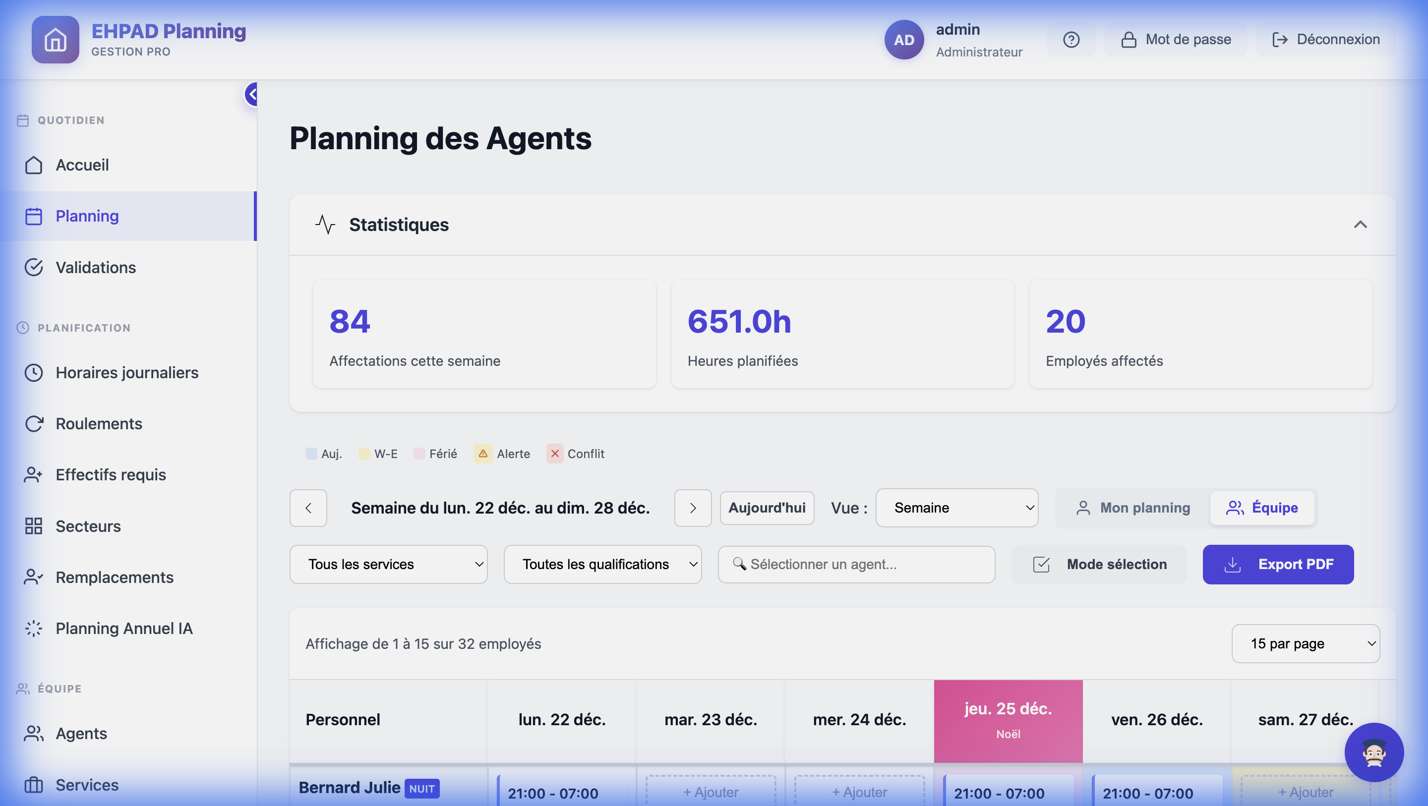 Vue du planning intelligent