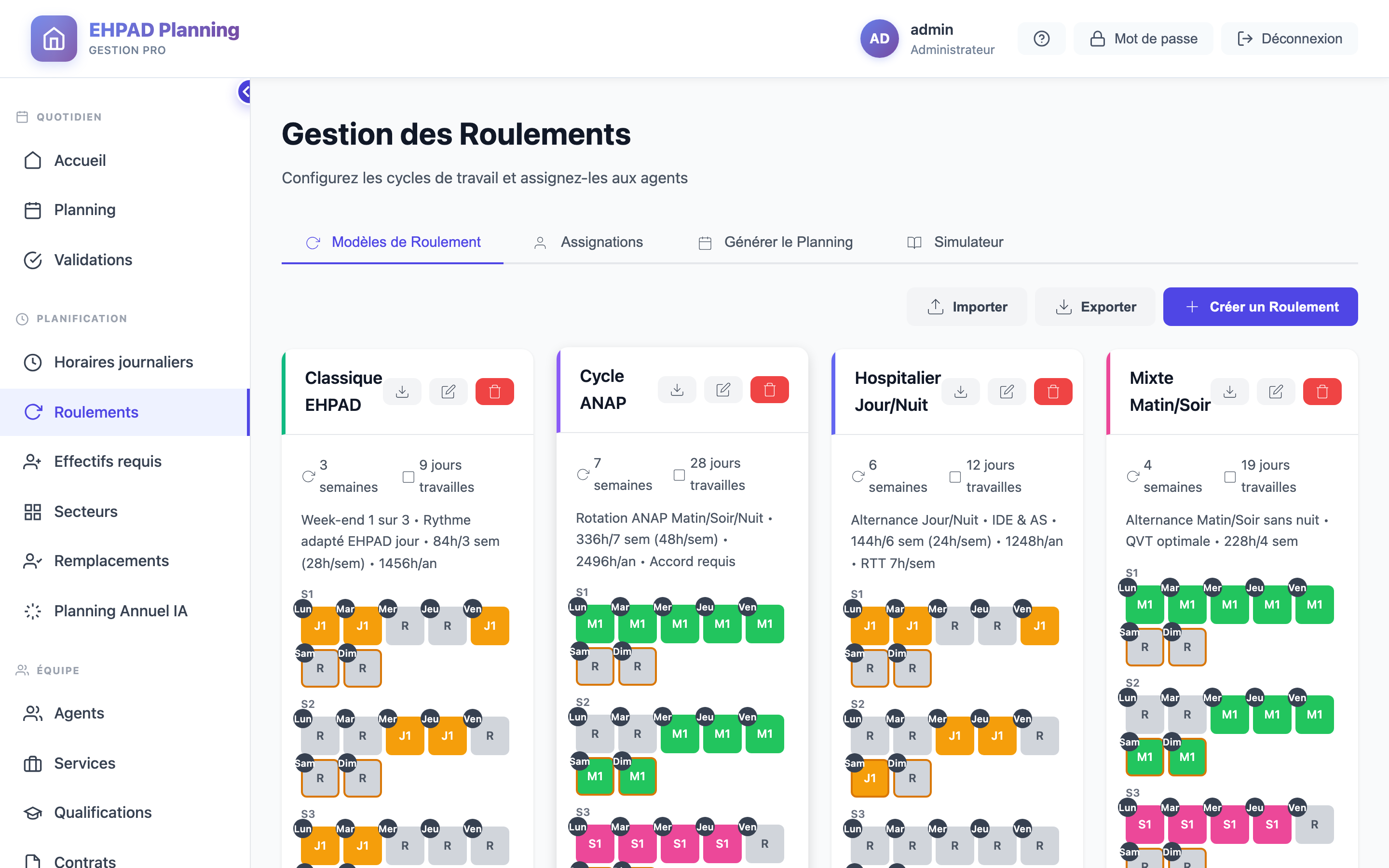 Roulements soignants prêts à l'emploi : Classique EHPAD, Cycle ANAP, Hospitalier Jour/Nuit, Mixte, avec cycles colorés